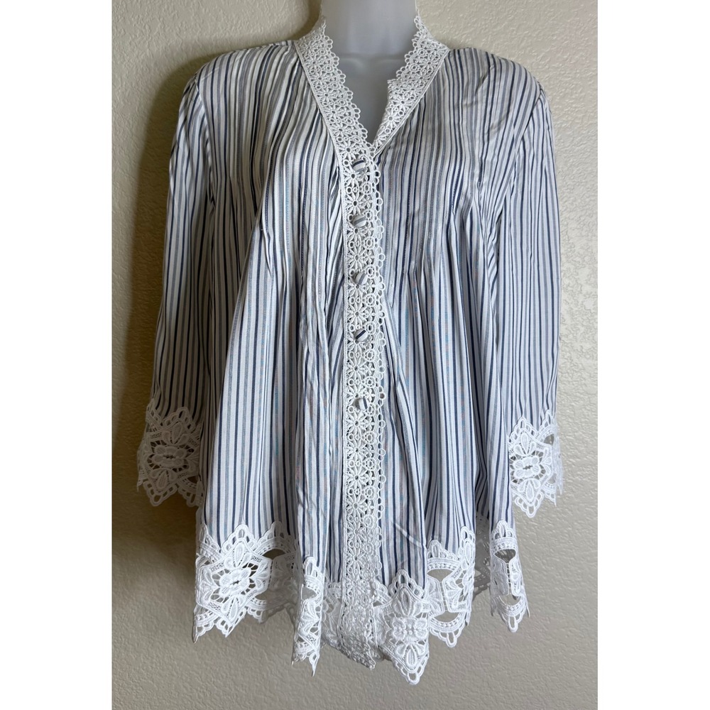 Neiman Marcus Womens M Blouse Blue White Striped Lace Trim Button Front Boho